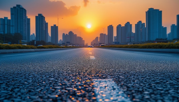 Photo the perspective of the road against the background of sunset and the cityscape