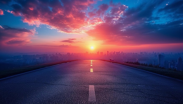 Photo the perspective of the road against the background of sunset and the cityscape