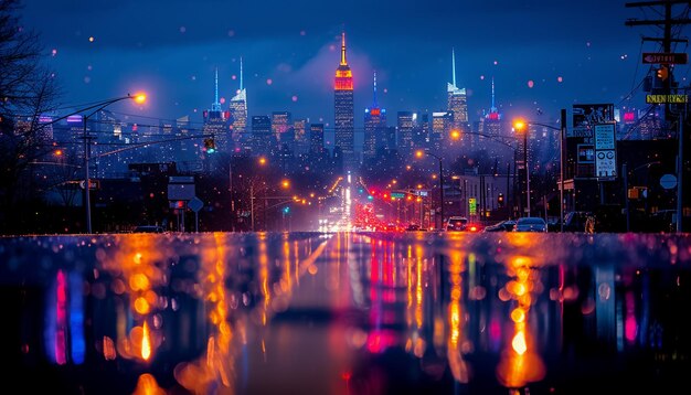 The perspective of the road against the background of sunset and the cityscape