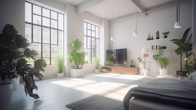 A perspective of studio apartment with large windows with natural light Generative AI