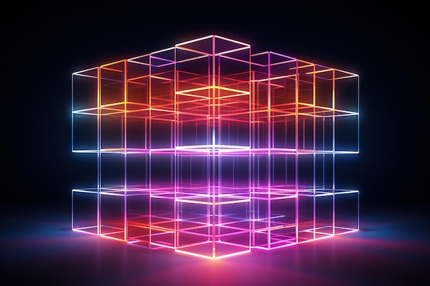 Foto vista prospettica di una struttura cubica geometrica 3d con luci al neon