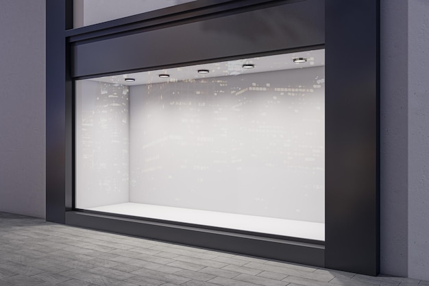 Perspective view on blank light wall background in empty shop window with space for your product presentation behind glass walls with city reflection in night modern building 3D rendering mock up