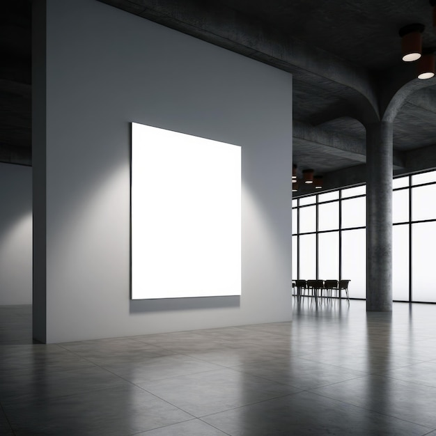 Perspective view blank white poster on grey wall in modern loft gallery interior mockup Generative AI