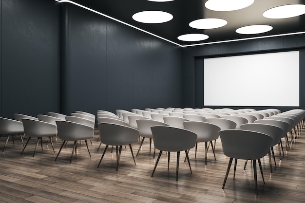 Perspective view on blank white wall board with space for your logo or text on black wall in empty auditorium in front of white chairs on wooden floor 3D rendering mock up