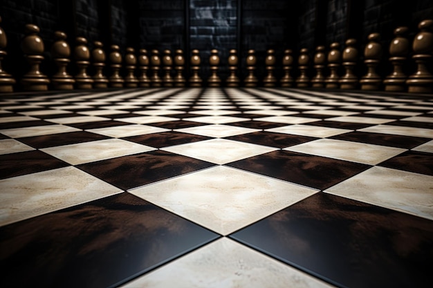 Perspective view of a chess board design on the background floor