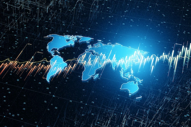 Perspective view on digital screen with glowing financial chart graphs diagrams and candlestick on dark blue world map background global investing concept 3D rendering