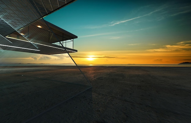 Perspective view of empty cement floor with steel and glass facade modern building exterior 3D rendering and real images mixed media