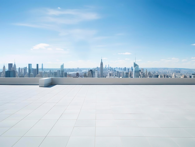 Perspective view of empty floor and modern rooftop building with cityscape scene