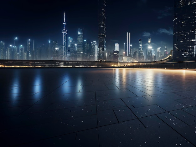 Perspective view of empty floor and modern rooftop building with cityscape scene