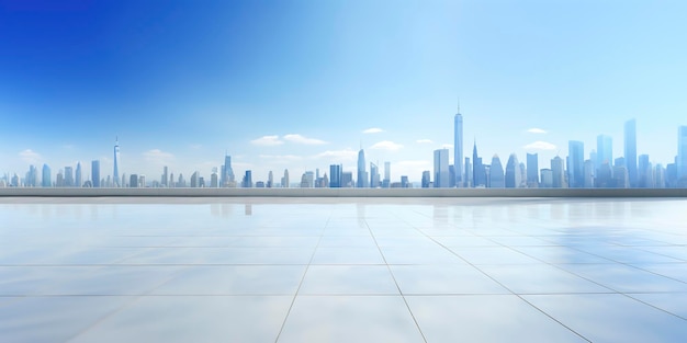 Perspective view of empty floor and modern rooftop building with cityscape scene