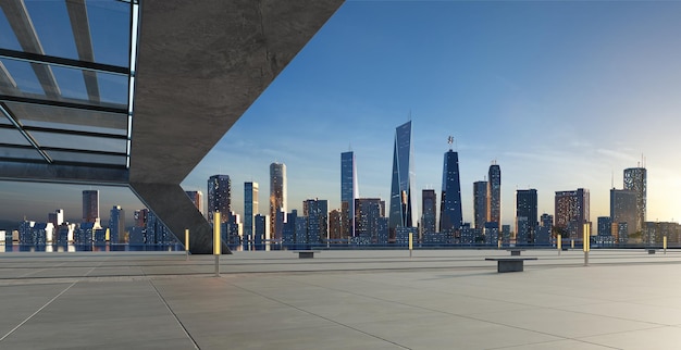 Perspective view of empty floor and modern rooftop building