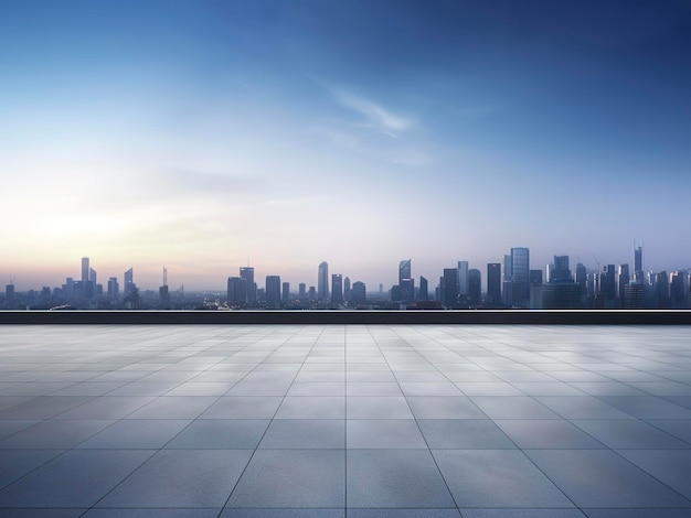 Perspective view of empty floor with cityscape scene