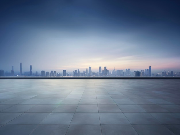 Perspective view of empty floor with cityscape scene