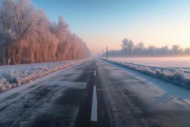 Perspective view of an empty icecovered road created with generative ai