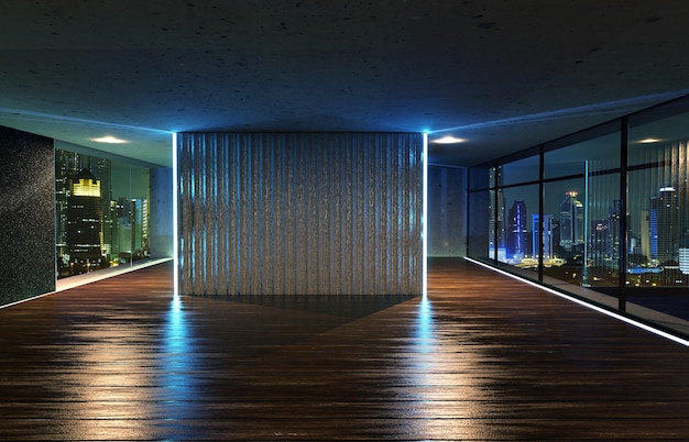 Perspective view of empty wood floor and cement ceiling interior with city skyline view 3D rendering and real images mixed media