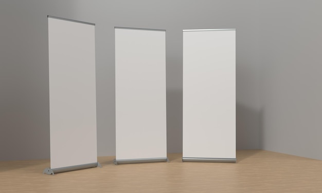 목업 및 그림 3D 렌더 그림에 이상적인 흰색 복사 공간이 있는 스튜디오 설정의 이그제큐티브 풀업 배너의 원근 보기