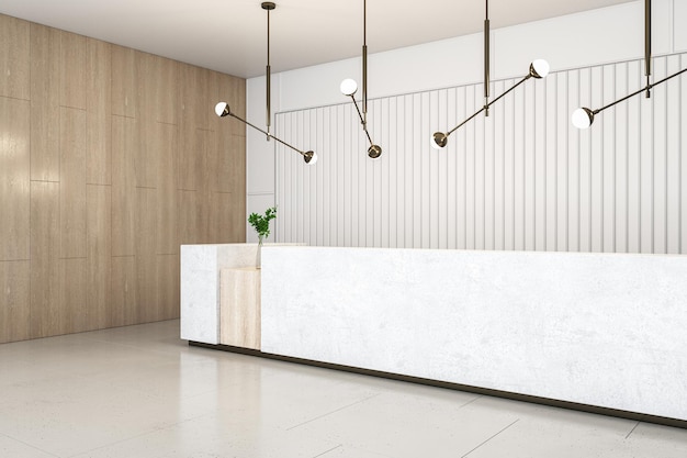 Perspective view on long empty blank marble reception desk with
space for your logo in stylish sunlit office area with wooden and
slatted wall background and ceramic floor 3d rendering mockup