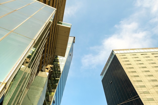 Perspective view of modern high-rise glass skyscraper building.