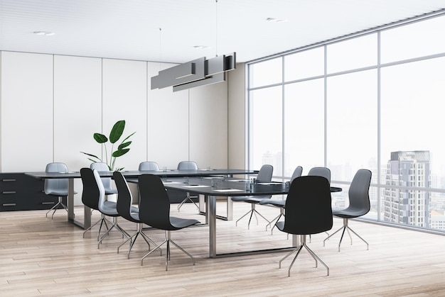 Perspective view of modern light meeting room interior with office desk and chairs window with city view wooden floor and beige walls 3D Rendering