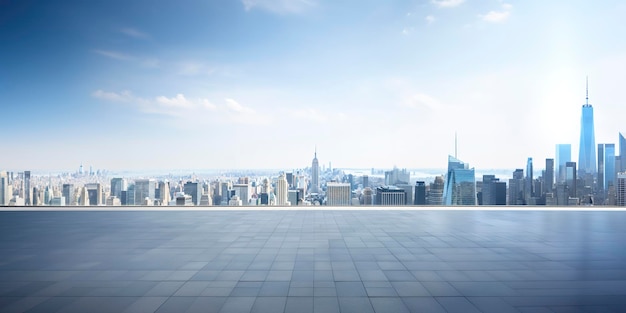 写真 都市景観シーンを備えた空の床とモダンな屋上の建物の斜視図