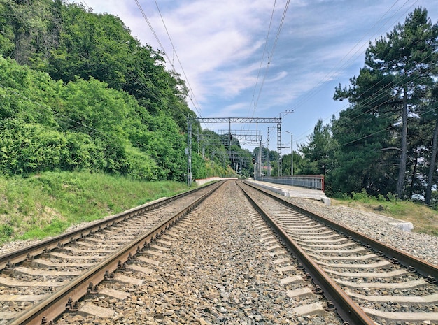 Perspective view of railroad track at summer sunny day