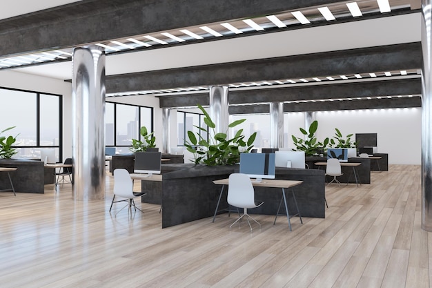 Perspective view on stylish open space office with comfortable workspaces modern computers and green plants wooden floor silver columns and huge windows with city view 3D rendering