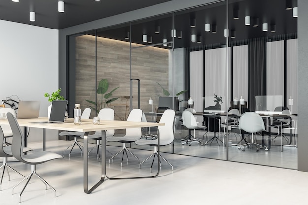 Perspective view on stylish wooden conference table surrounded\
by white chairs in spacious office with glass partitions white wall\
and light glossy floor 3d rendering