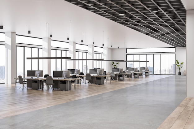 Перспективный вид на залитый солнцем просторный коворкинг-офис с деревянным и бетонным полом, большими окнами с видом на город и темной мебелью на светлом фоне стены 3D рендеринг