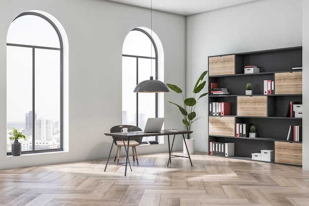 Perspective view on sunlit stylish home office area with cozy work table on arch windows background with city view wooden bookcase and floor 3D rendering