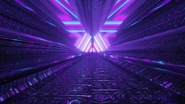 Perspective view through abstract futuristic tunnel with embossed metallic panels reflecting colorful neon lights with geometric design in 4K UHD 3d illustration