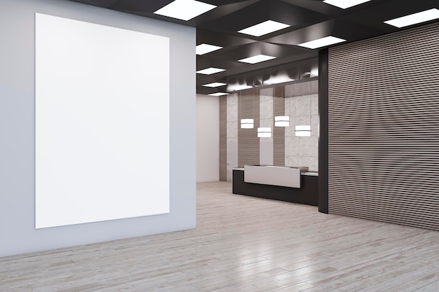 Perspective view on white poster with space for your logo or text on grey wall background in stylish reception area with wooden wall and dark desk on background 3D rendering mock up