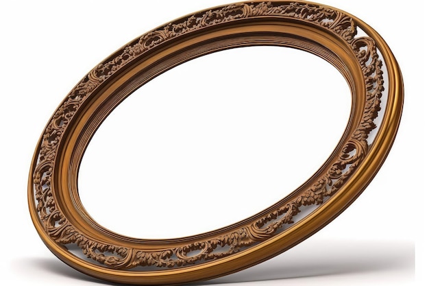 Perspective view of a wooden oval frame for artwork a mirror or a photo on a white background