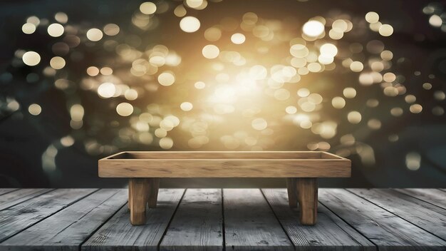 Perspective wooden table and wooden tray on top over blur bokeh light backgrounk can be us