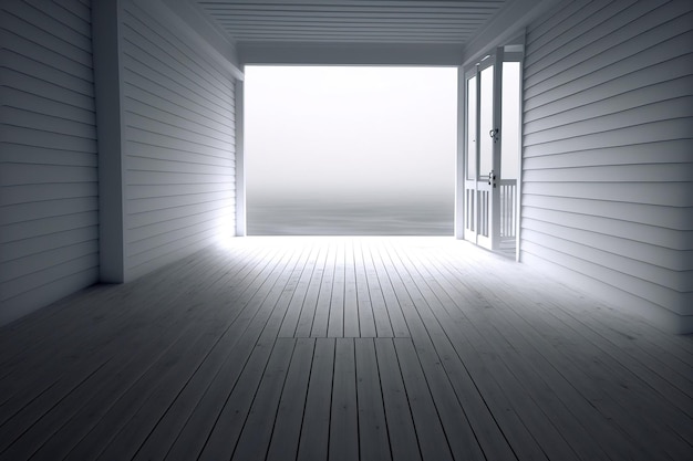 Perspectived white wooden floor with a foggy sky