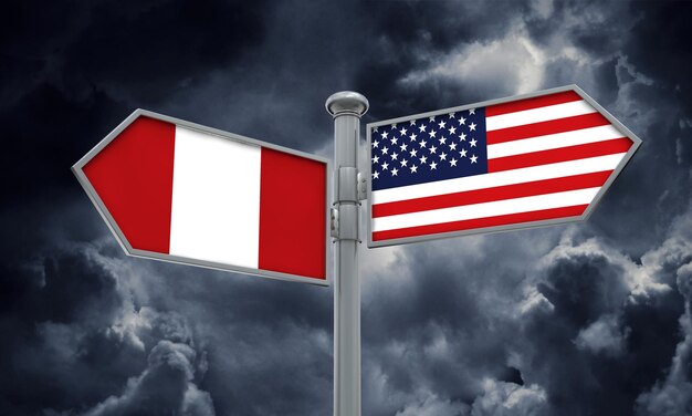 Peru and America flag moving in different direction 3D Rendering