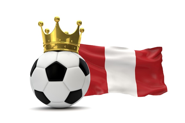 Peru flag and soccer ball with gold crown 3D Rendering