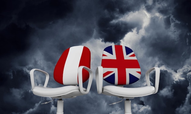 ペルーとイギリスのビジネスチェア国際関係の概念3Dレンダリング