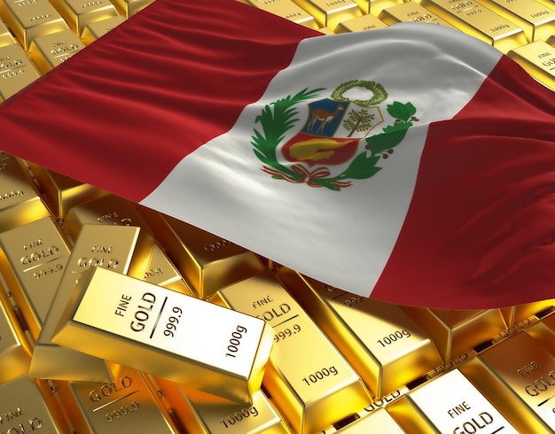 Peru national country flag on golden ingots bars