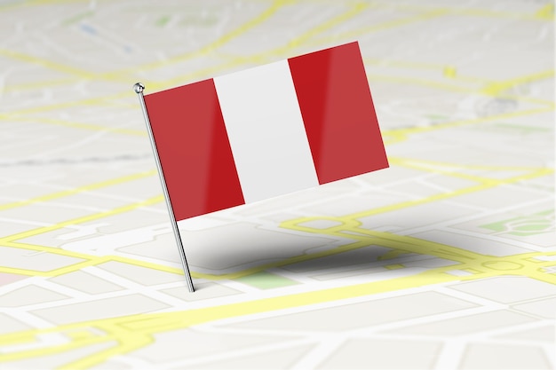 Peru national flag location pin stuck into a city road map 3d\
rendering