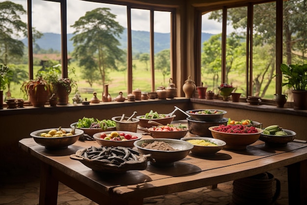 페루의 전통적인 편안한 음식 뷔페 테이블