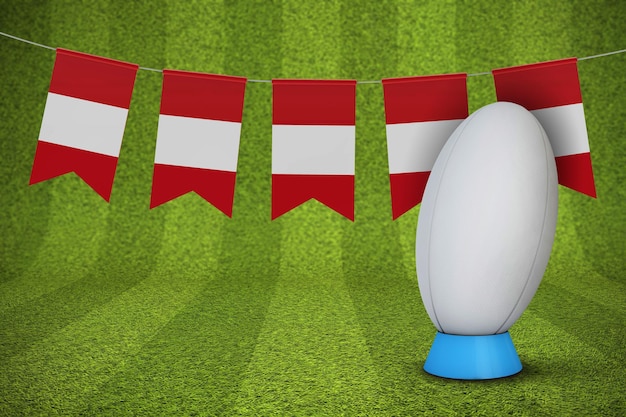 Foto peru vlag gors met een rugbybal en pitch 3d rendering