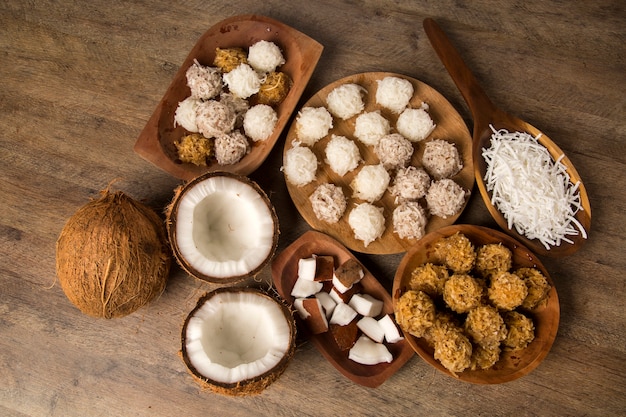 Peruvian cocadas. traditional coconut dessert on wooden background