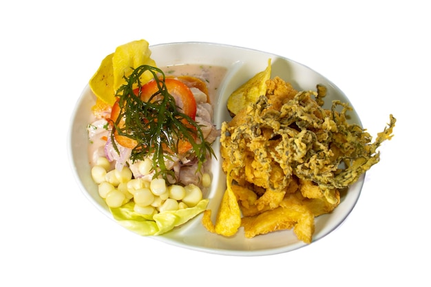 Peruvian food CEVICHE CON CHICHARRON DE PESCADO a traditional Peruvian dish marine duo