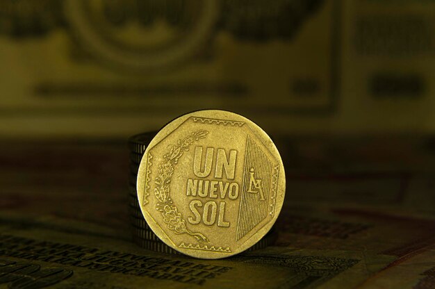 Peruvian Nuevo Sol coin Denomination with wreath to the left and vertical lines to the right