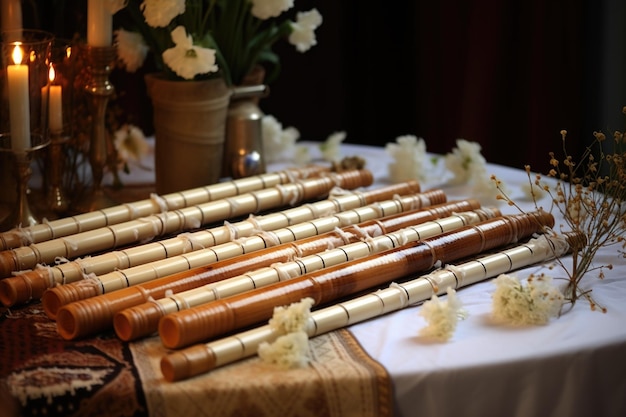 Peruvian quena flutes arranged on a table