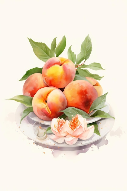 Perzik fruit op een plaat witte achtergrond aquarel Art Graphics