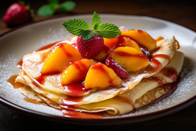 Perzikcrêpes met jam en verse aardbeien