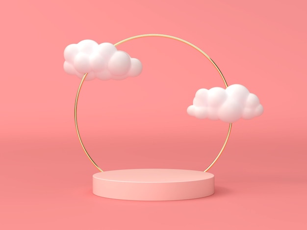 Perzikroze achtergrondafbeelding om uw producten in een elegante stijl te plaatsen met witte wolken en gouden cirkellijnen 3D-scène