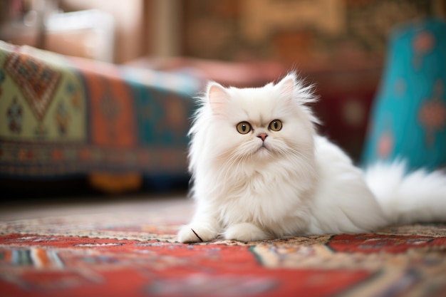 Foto perzische kat die op een pluizige tapijt ligt