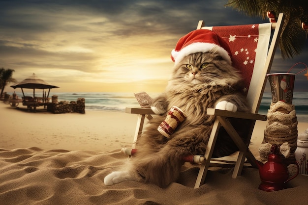 Perzische kat met een kerstmanhoed op het strand bij zonsondergang